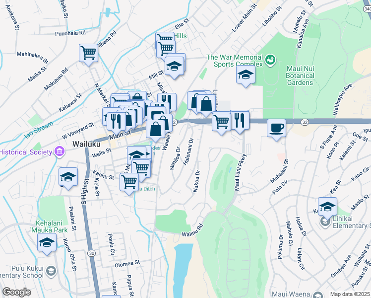 map of restaurants, bars, coffee shops, grocery stores, and more near 171 Halenani Drive in Wailuku