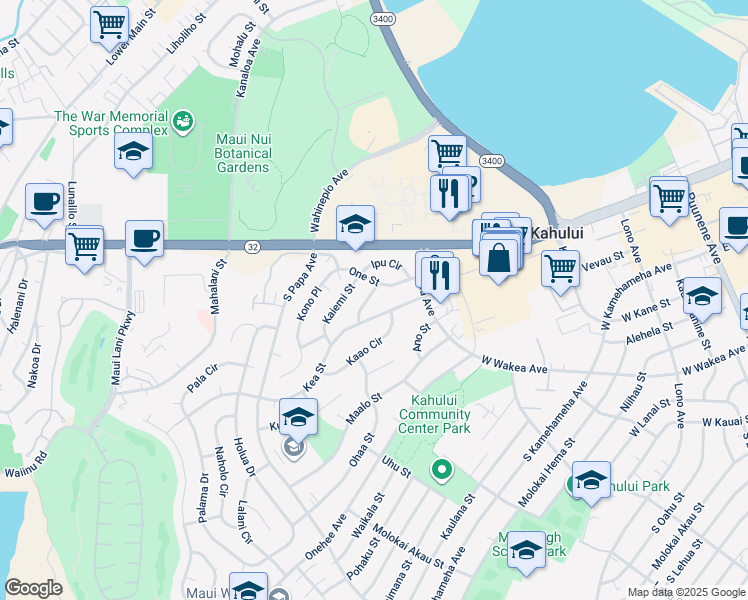 map of restaurants, bars, coffee shops, grocery stores, and more near 41 Nano Street in Kahului