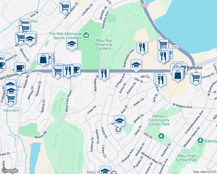map of restaurants, bars, coffee shops, grocery stores, and more near 310 Hilu Place in Kahului