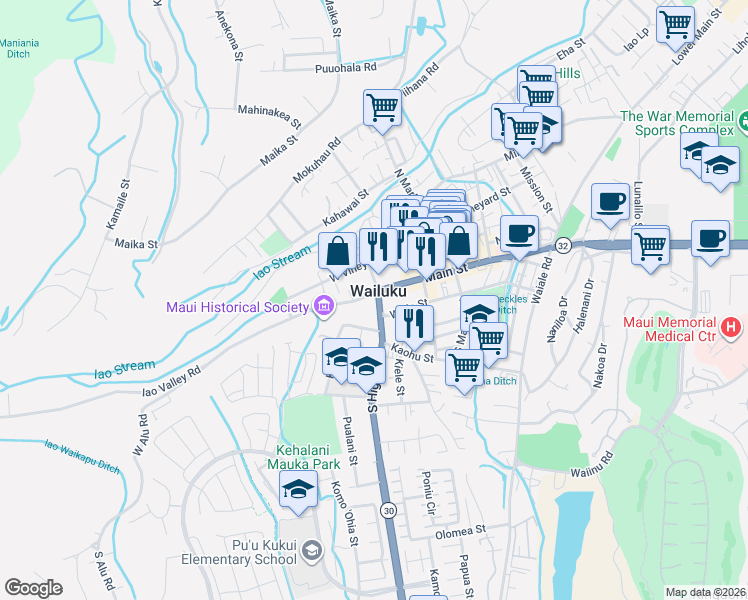 map of restaurants, bars, coffee shops, grocery stores, and more near 103 South High Street in Wailuku