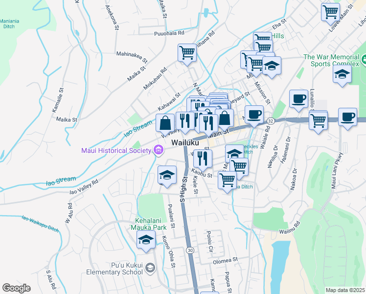 map of restaurants, bars, coffee shops, grocery stores, and more near 0 Makahala Place in Wailuku