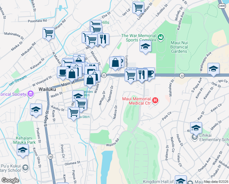 map of restaurants, bars, coffee shops, grocery stores, and more near 63 Nakoa Drive in Wailuku