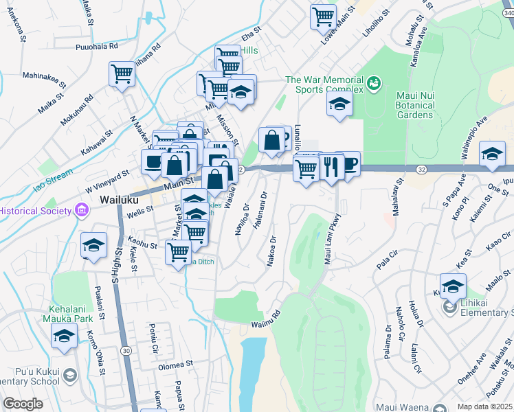 map of restaurants, bars, coffee shops, grocery stores, and more near 171 Halenani Drive in Wailuku