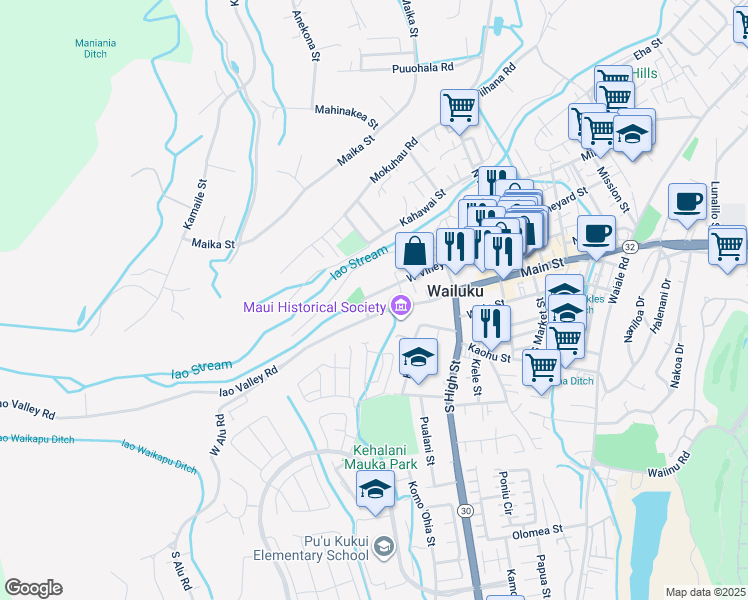 map of restaurants, bars, coffee shops, grocery stores, and more near 2483 West Vineyard Street in Wailuku
