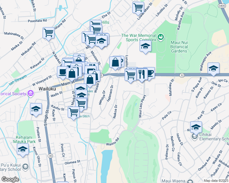 map of restaurants, bars, coffee shops, grocery stores, and more near 63 Nakoa Drive in Wailuku