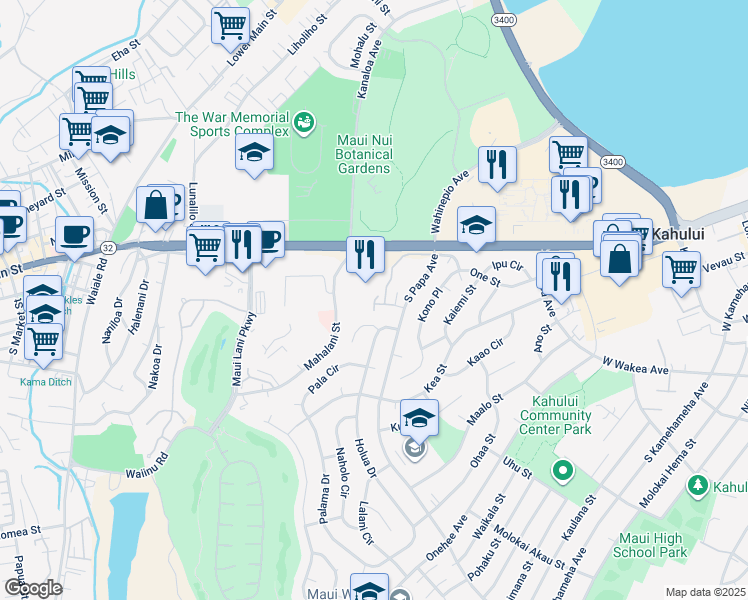 map of restaurants, bars, coffee shops, grocery stores, and more near 50 Koiula Lane in Kahului
