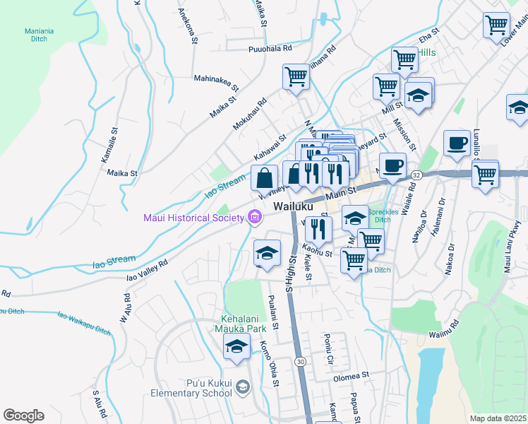 map of restaurants, bars, coffee shops, grocery stores, and more near 2361 Main Street in Wailuku