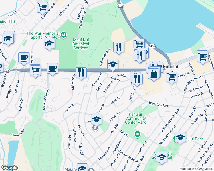 map of restaurants, bars, coffee shops, grocery stores, and more near 74 Kaiemi Street in Kahului