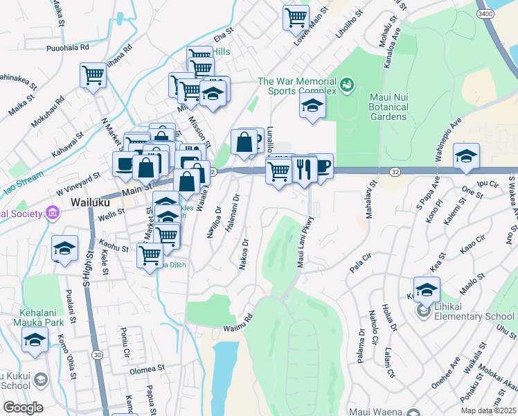 map of restaurants, bars, coffee shops, grocery stores, and more near 76 Keoneloa Street in Wailuku