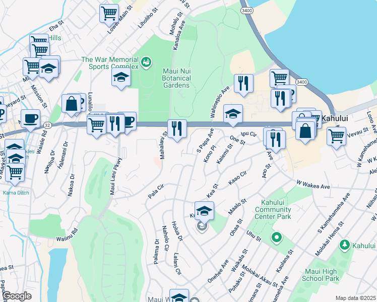 map of restaurants, bars, coffee shops, grocery stores, and more near 44 Kunihi Lane in Kahului