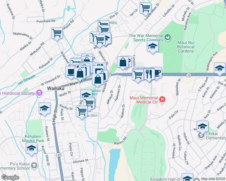 map of restaurants, bars, coffee shops, grocery stores, and more near 150 Naniloa Drive in Wailuku