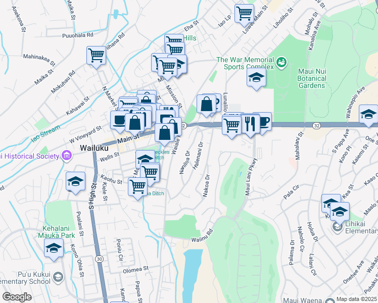 map of restaurants, bars, coffee shops, grocery stores, and more near 150 Naniloa Drive in Wailuku