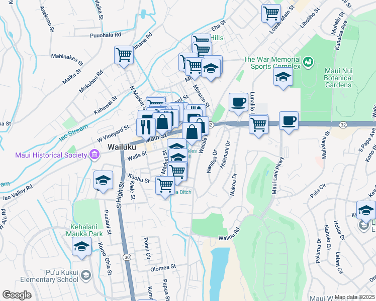map of restaurants, bars, coffee shops, grocery stores, and more near 115 Kanoa Street in Wailuku