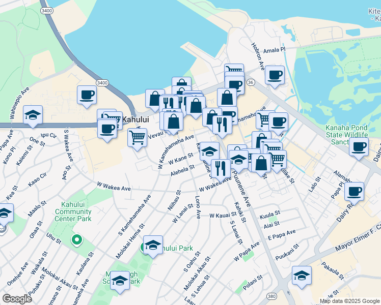 map of restaurants, bars, coffee shops, grocery stores, and more near 96 West Kane Street in Kahului