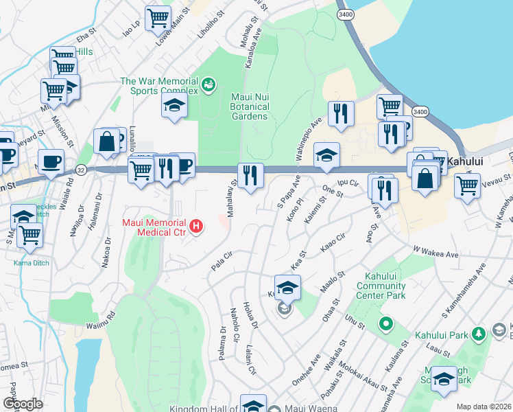 map of restaurants, bars, coffee shops, grocery stores, and more near 310 Hilu Place in Kahului