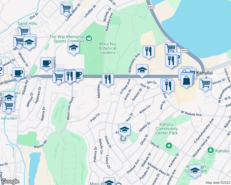 map of restaurants, bars, coffee shops, grocery stores, and more near 40 Kunihi Lane in Kahului