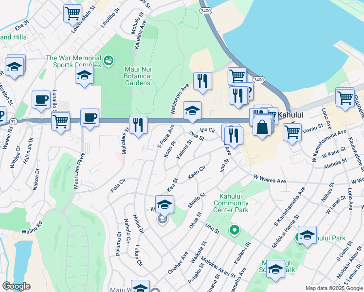 map of restaurants, bars, coffee shops, grocery stores, and more near 74 Kaiemi Street in Kahului