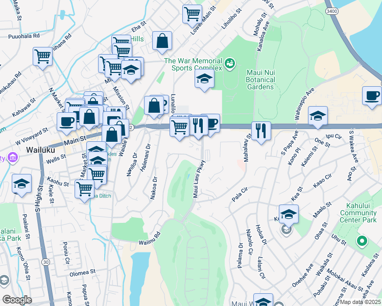 map of restaurants, bars, coffee shops, grocery stores, and more near 28 Keoneloa Street in Wailuku