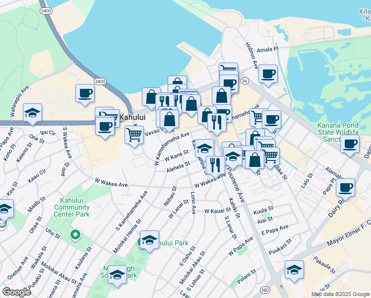 map of restaurants, bars, coffee shops, grocery stores, and more near 96 West Kane Street in Kahului