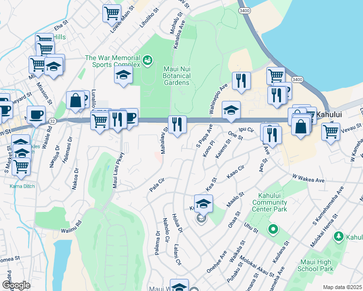 map of restaurants, bars, coffee shops, grocery stores, and more near 50 Koiula Lane in Kahului