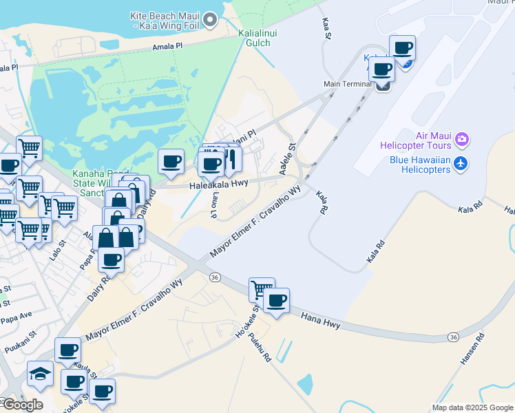 map of restaurants, bars, coffee shops, grocery stores, and more near 230 Lauo Loop in Kahului