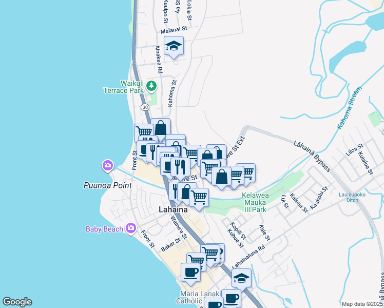 map of restaurants, bars, coffee shops, grocery stores, and more near 157 Ipukula Way in Lahaina