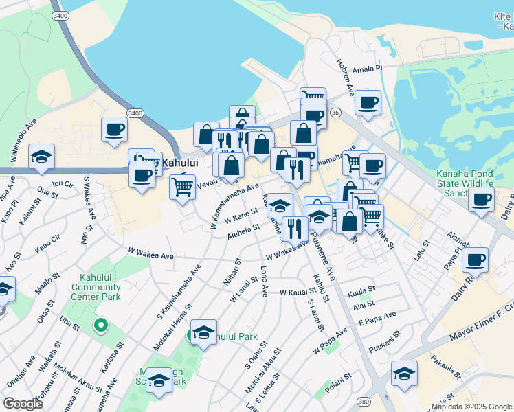 map of restaurants, bars, coffee shops, grocery stores, and more near 88 West Kane Street in Kahului