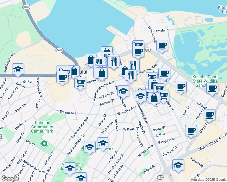 map of restaurants, bars, coffee shops, grocery stores, and more near 88 West Kane Street in Kahului