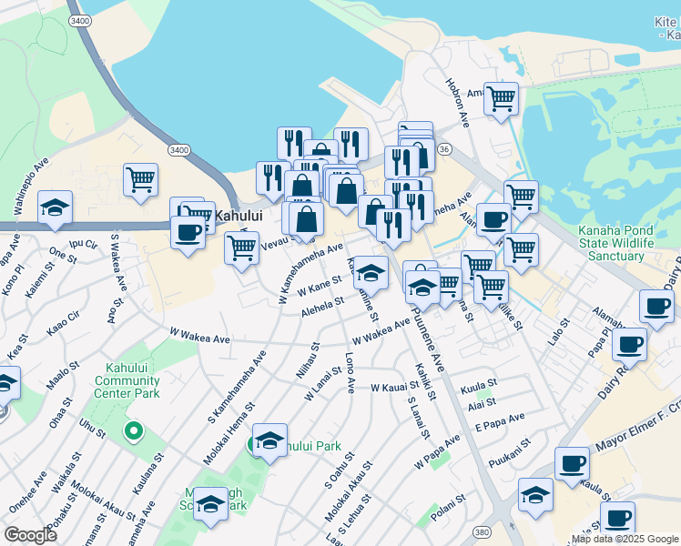 map of restaurants, bars, coffee shops, grocery stores, and more near 101 West Kamehameha Avenue in Kahului