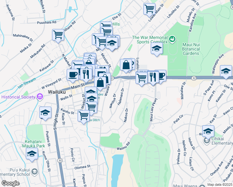map of restaurants, bars, coffee shops, grocery stores, and more near 150 Naniloa Drive in Wailuku