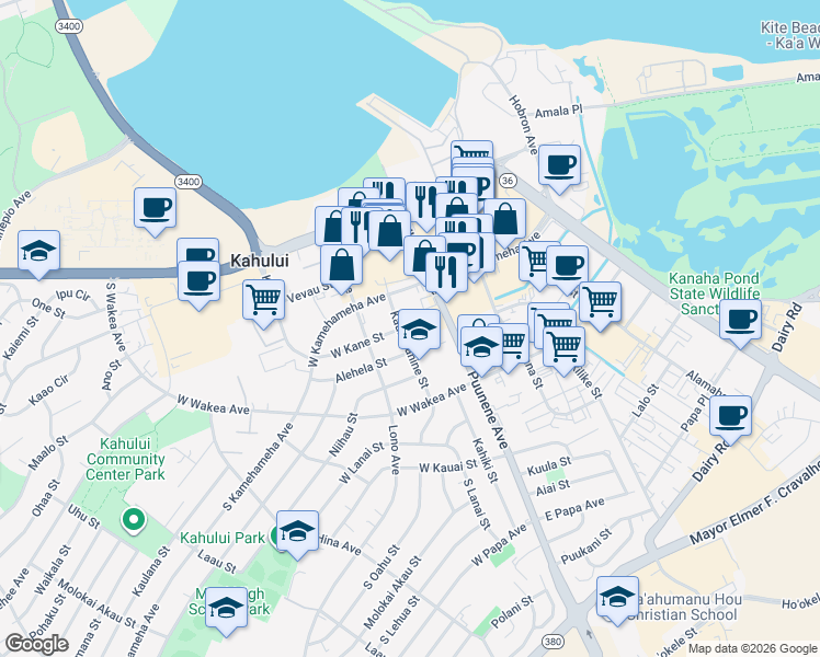 map of restaurants, bars, coffee shops, grocery stores, and more near 150 Puunene Avenue in Kahului