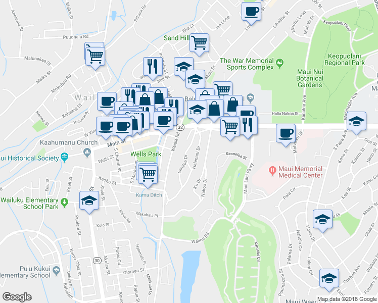map of restaurants, bars, coffee shops, grocery stores, and more near 150 Naniloa Drive in Wailuku
