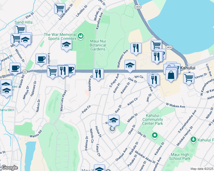 map of restaurants, bars, coffee shops, grocery stores, and more near 36 Kunihi Lane in Kahului