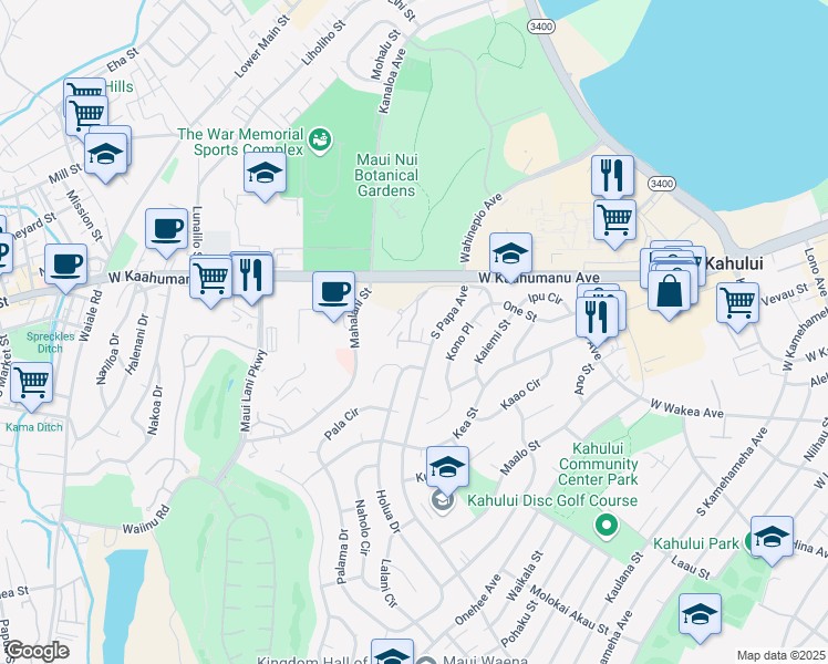 map of restaurants, bars, coffee shops, grocery stores, and more near 64 Kunihi Lane in Kahului