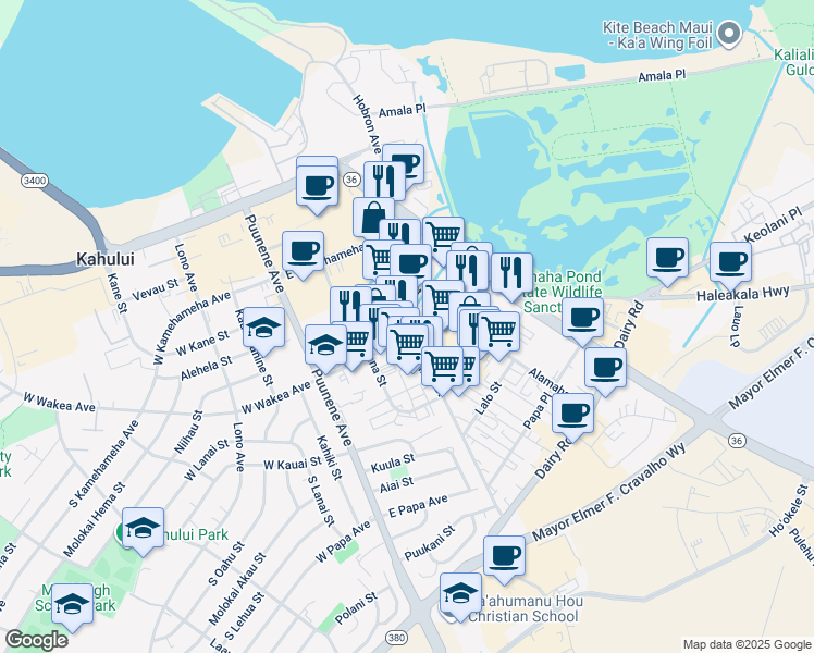 map of restaurants, bars, coffee shops, grocery stores, and more near 210 Alamaha Street in Kahului