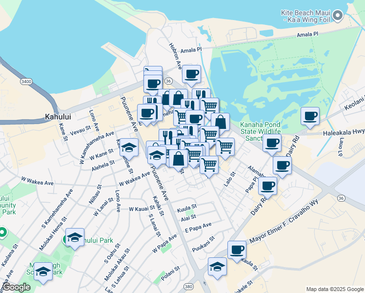 map of restaurants, bars, coffee shops, grocery stores, and more near 150 Paahana Street in Kahului