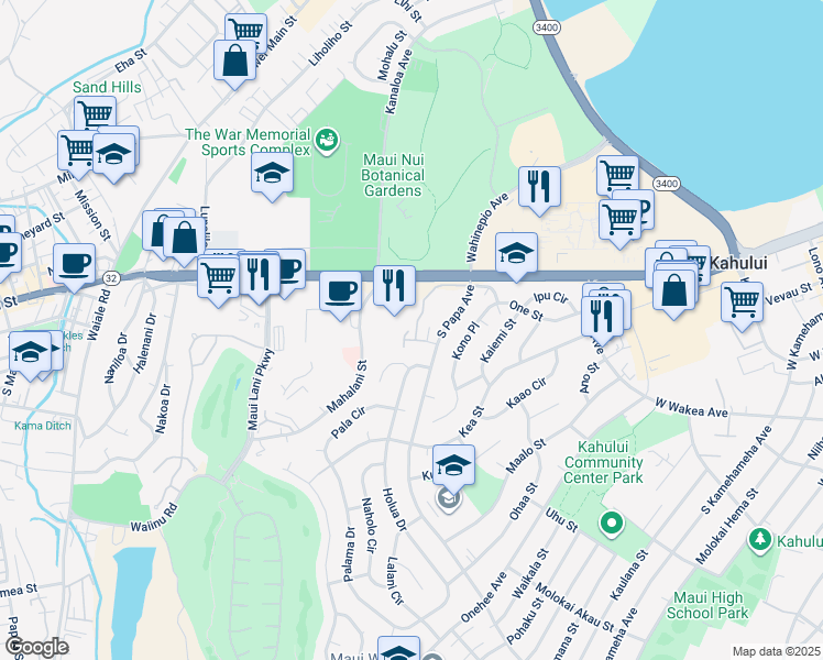map of restaurants, bars, coffee shops, grocery stores, and more near 50 Koiula Lane in Kahului
