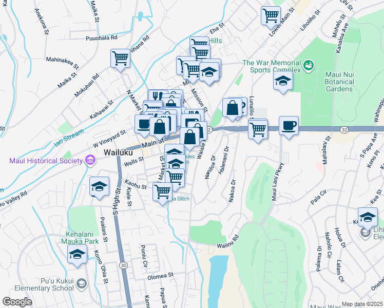 map of restaurants, bars, coffee shops, grocery stores, and more near 77 Waiale Road in Wailuku