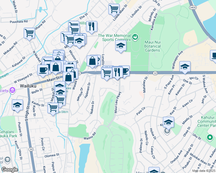 map of restaurants, bars, coffee shops, grocery stores, and more near 44 Keoneloa Street in Wailuku