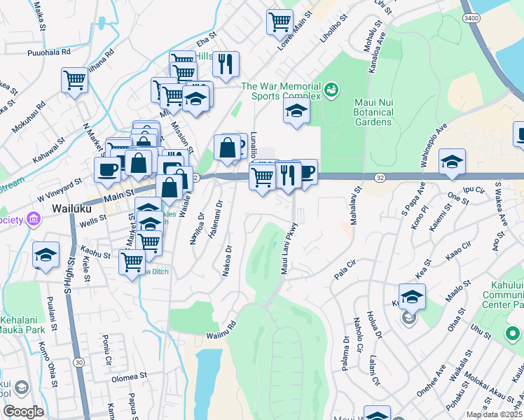 map of restaurants, bars, coffee shops, grocery stores, and more near 48 Keoneloa Street in Wailuku