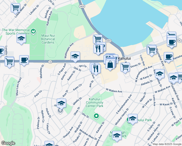 map of restaurants, bars, coffee shops, grocery stores, and more near 370 Kea Street in Kahului