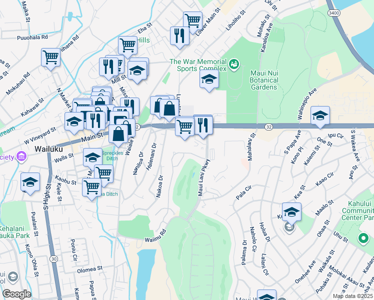 map of restaurants, bars, coffee shops, grocery stores, and more near 44 Keoneloa Street in Wailuku