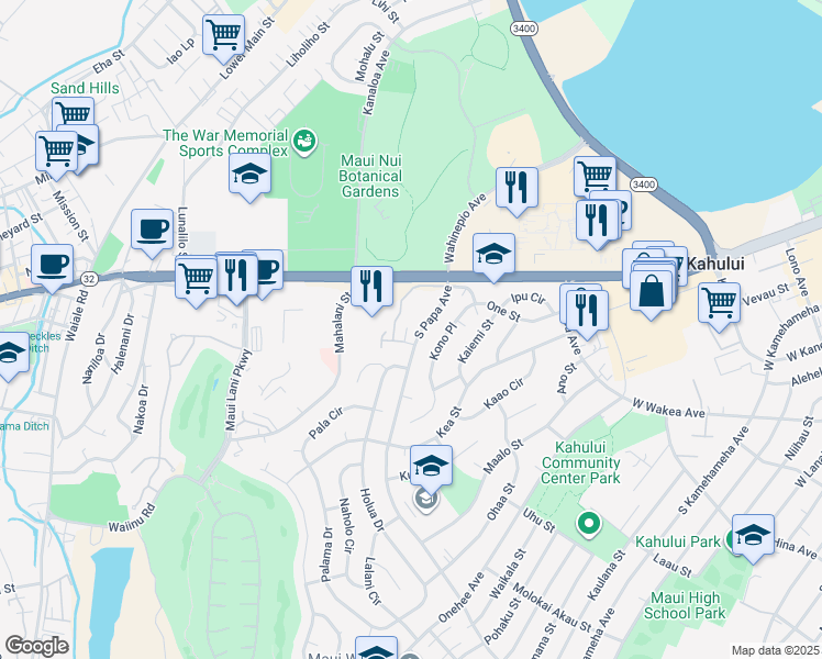 map of restaurants, bars, coffee shops, grocery stores, and more near 88 South Papa Avenue in Kahului