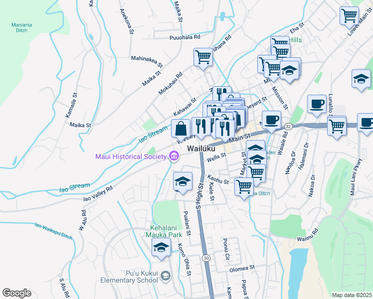 map of restaurants, bars, coffee shops, grocery stores, and more near in Wailuku