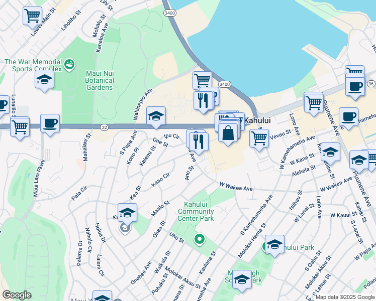 map of restaurants, bars, coffee shops, grocery stores, and more near 370 Kea Street in Kahului