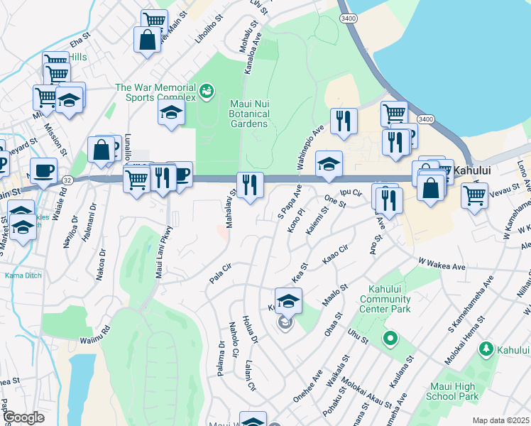 map of restaurants, bars, coffee shops, grocery stores, and more near 40 Kunihi Lane in Kahului