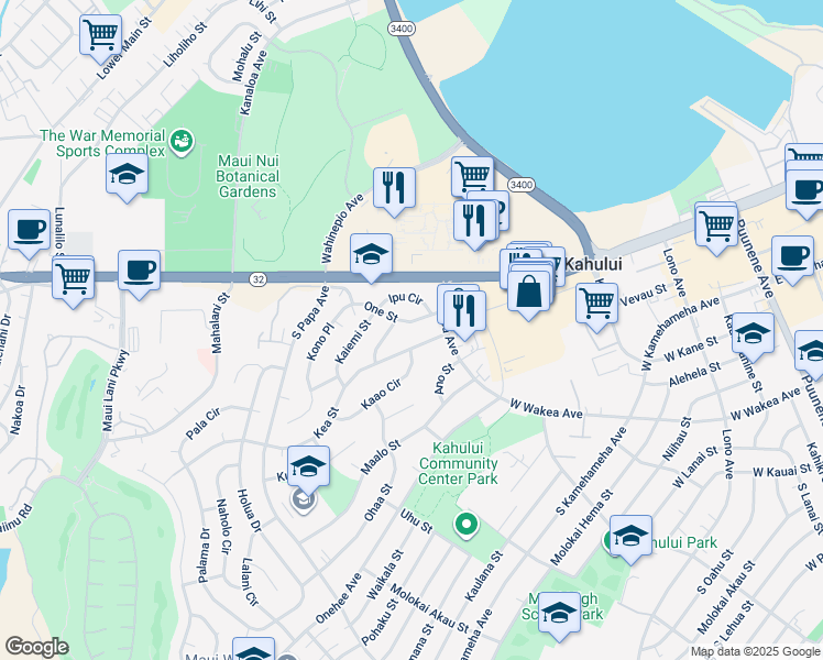 map of restaurants, bars, coffee shops, grocery stores, and more near 412 One Street in Kahului