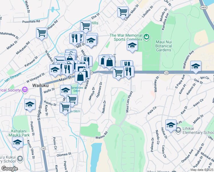 map of restaurants, bars, coffee shops, grocery stores, and more near 54 Nakoa Drive in Wailuku