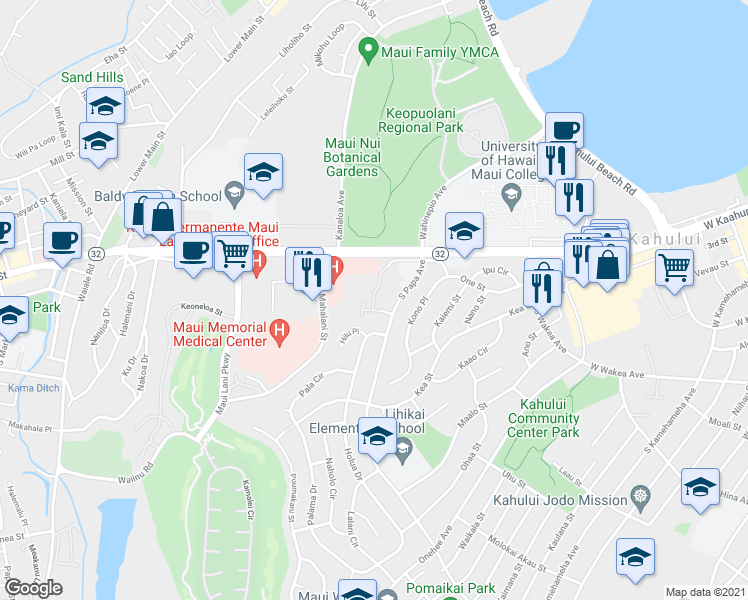 map of restaurants, bars, coffee shops, grocery stores, and more near 100 Mahalani Street in Wailuku