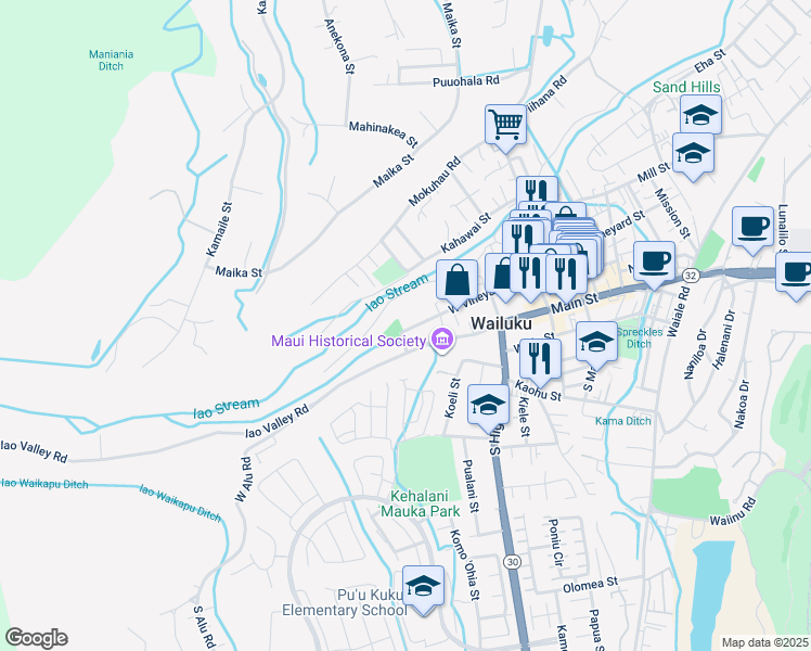 map of restaurants, bars, coffee shops, grocery stores, and more near 2444 West Vineyard Street in Wailuku